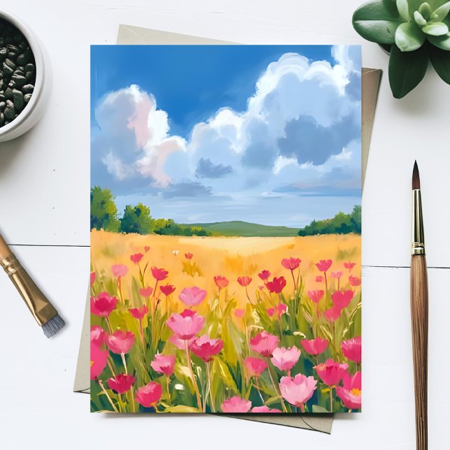 Pink Wildflower Field Floral Watercolor Card (Créateur téléchargé)