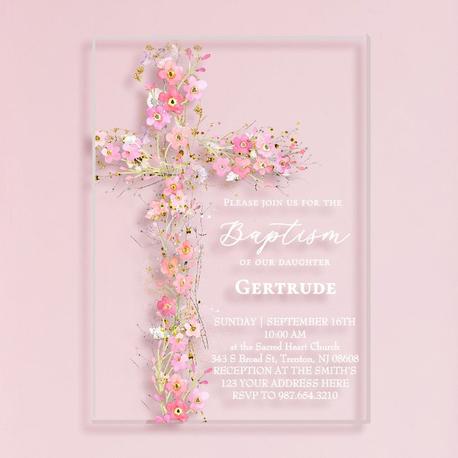 pink wildflowers cross Baptism Invitation (Créateur téléchargé)