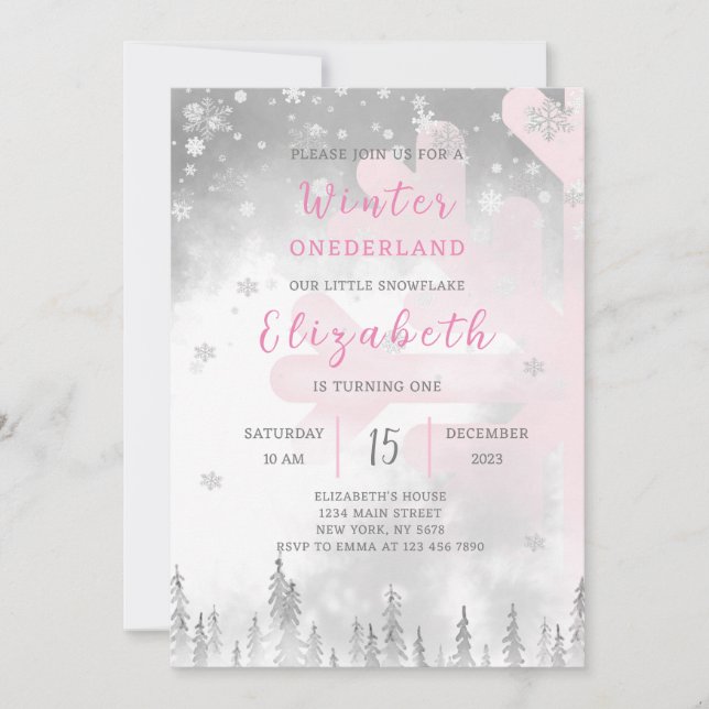Pink Winter Onederland Anniversaire Invitation (Devant)