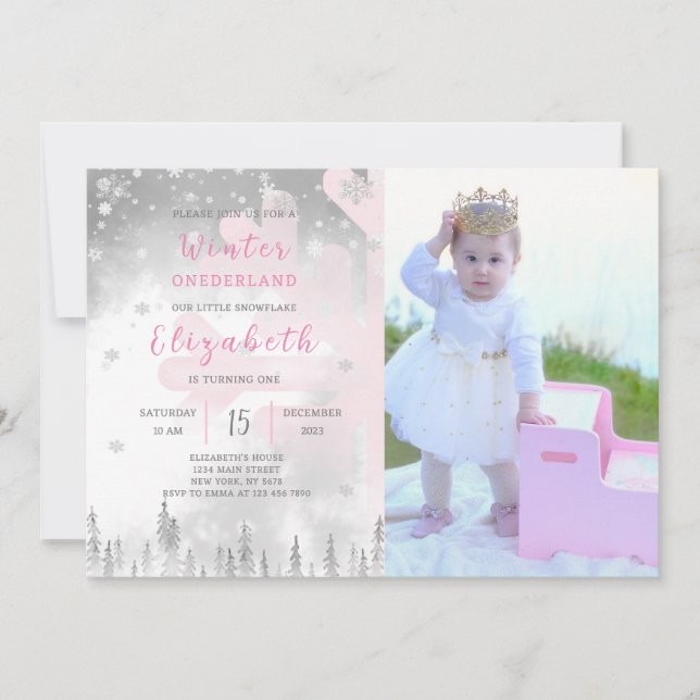 Pink Winter Onederland Anniversaire Invitation Pho (Devant)