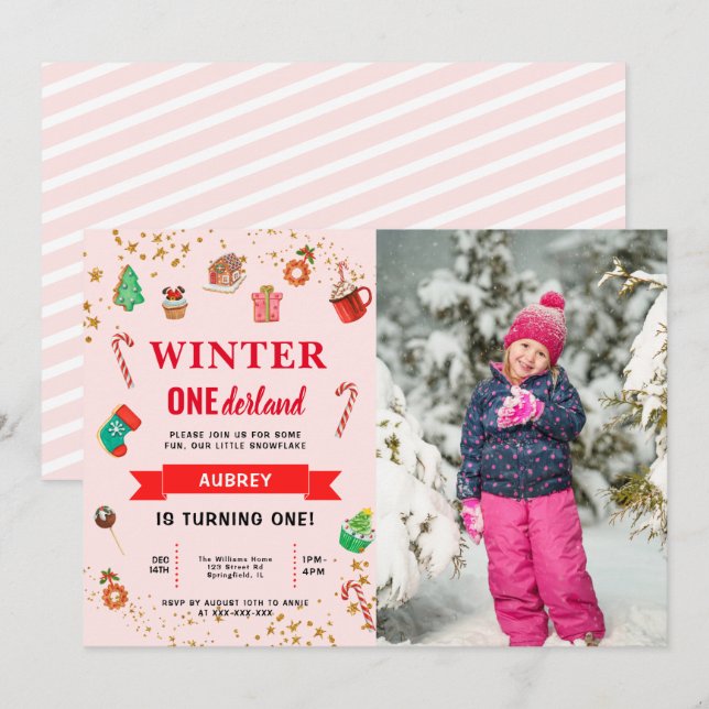 Pink Winter Onederland First Birthday Invitation (Devant / Derrière)