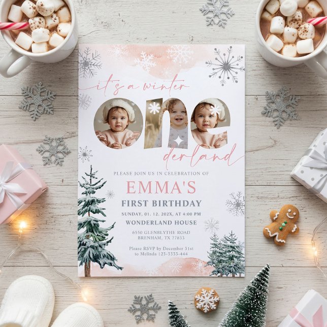 Pink Winter Onederland Girl Bday Photo Invitation (Créateur téléchargé)