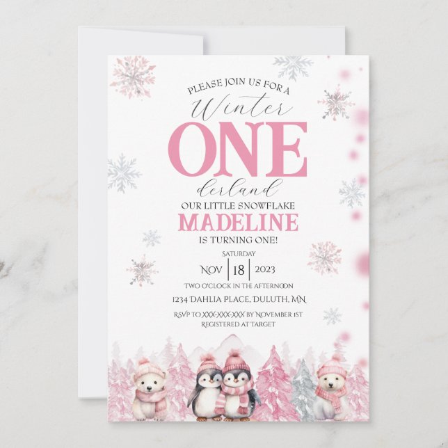Pink Winter ONEderland Invitation (Devant)