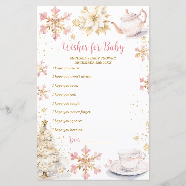 Pink Winter Tea Party Baby Shower Wishes for Baby (Devant)
