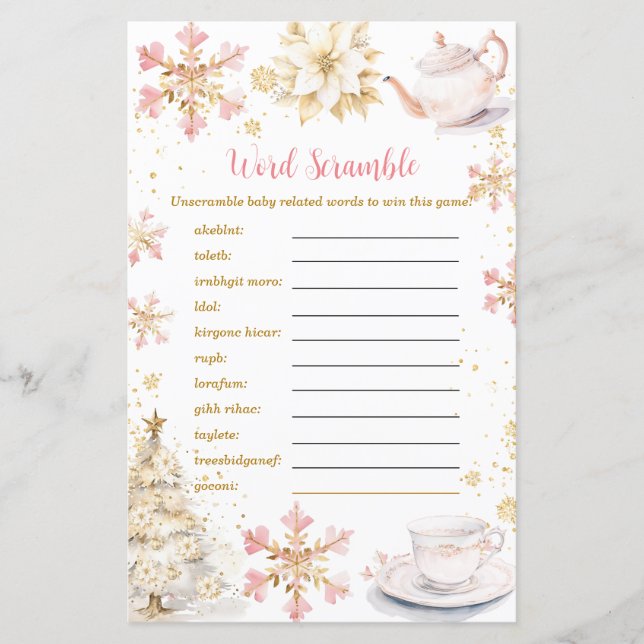 Pink Winter Tea Party Baby Shower Word Scramble (Devant)