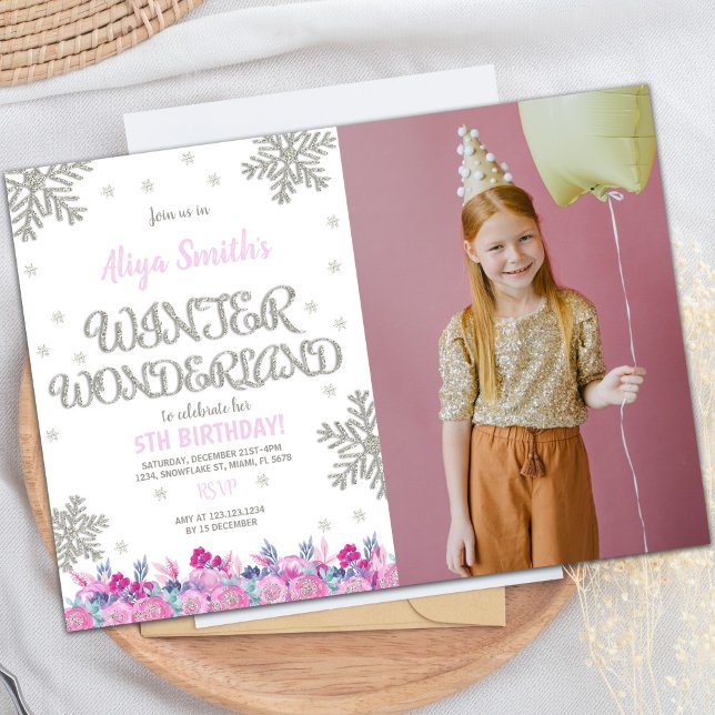 Pink Winter Wonderland Anniversaire Invitations ph (Pink Winter Wonderland Birthday Invitations photo)