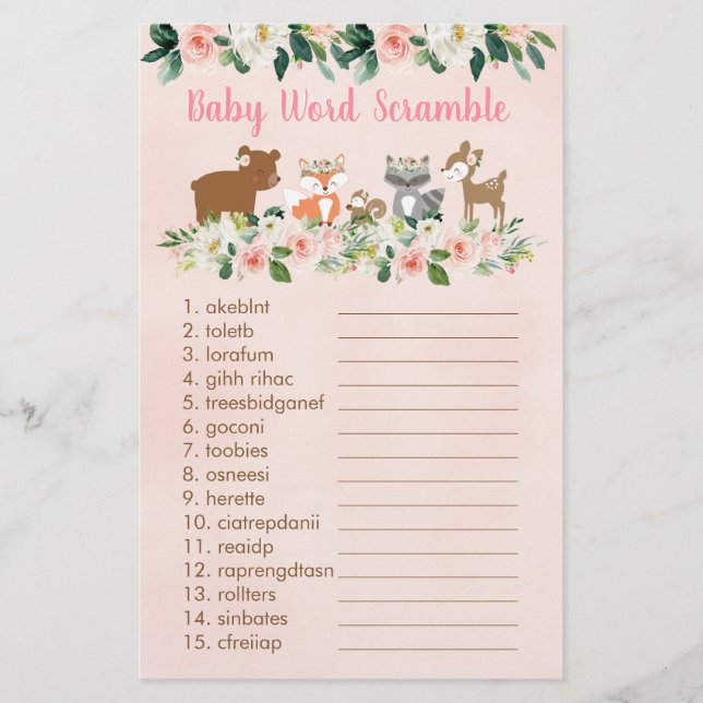 Pink Woodland Floral Baby Word Scramble Jeu (Devant)