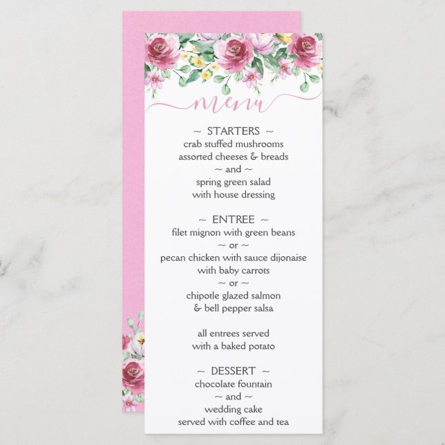 Pink Yellow Aquarelle Floral Menu Mariage (Devant / Derrière)