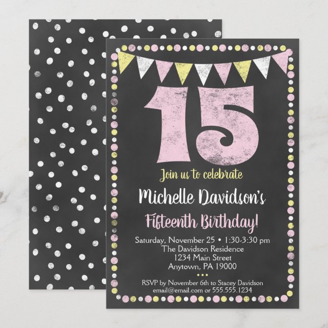 Pink Yellow Chalkboard 15e anniversaire Invitation (Devant / Derrière)