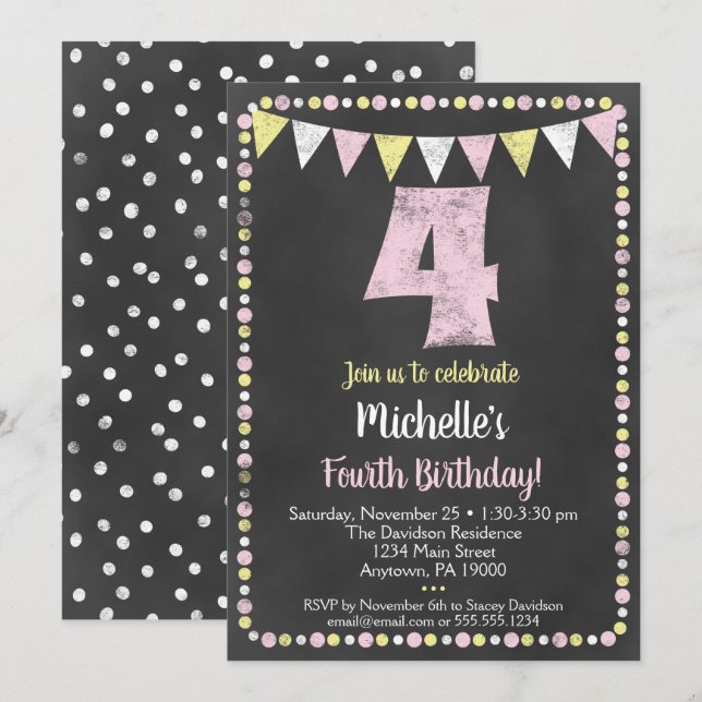 Pink Yellow Chalkboard 4th Birthday Invitation (Devant / Derrière)