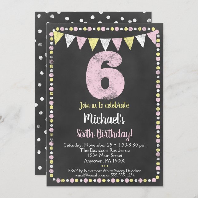 Pink Yellow Chalkboard 6e invitation anniversaire (Devant / Derrière)
