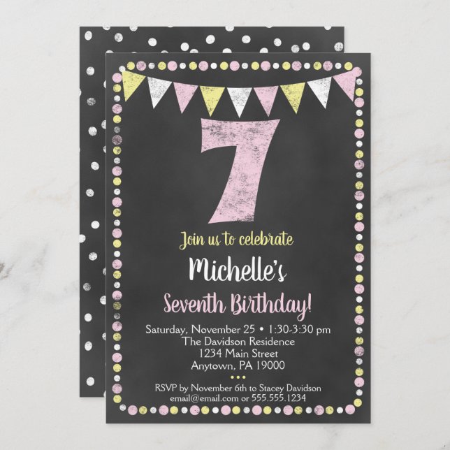Pink Yellow Chalkboard 7e Invitation anniversaire (Devant / Derrière)