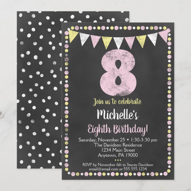 Pink Yellow Chalkboard 8e Invitation anniversaire (Devant / Derrière)