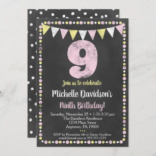 Pink Yellow Chalkboard 9e Invitation anniversaire