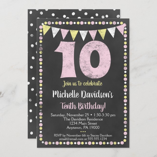 Pink Yellow Chalkboard Invitation 10e anniversaire (Devant / Derrière)