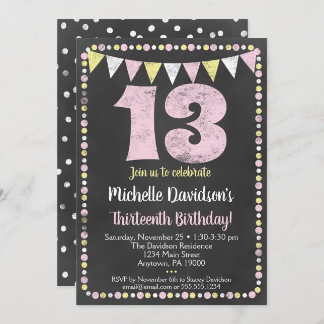 Pink Yellow Chalkboard Invitation 13e anniversaire (Devant / Derrière)