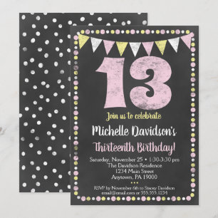 Pink Yellow Chalkboard Invitation 13e anniversaire
