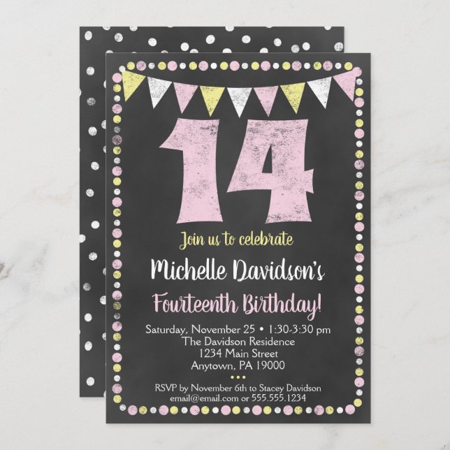Pink Yellow Chalkboard Invitation 14e anniversaire (Devant / Derrière)