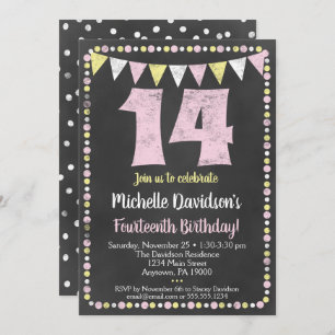 Pink Yellow Chalkboard Invitation 14e anniversaire