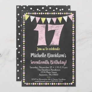 Pink Yellow Chalkboard Invitation 17e anniversaire