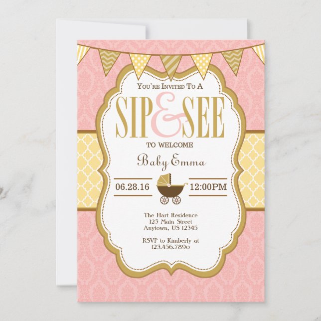 Pink Yellow Gold Sip Et Voir Invitation (Devant)