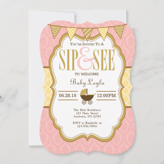 Pink Yellow Gold Sip Et Voir Invitation (Devant)