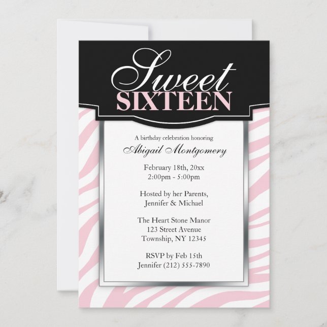 Pink Zebra Imprimer Sweet 16 Invitations Anniversa (Devant)
