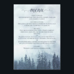 Pins de Montagne Rustique Menu Mariage bleu<br><div class="desc">Ce menu mariage rustique présente un titre de calligraphie en écriture dentée et une scène montagneuse alpine sauvage de pins bleus enveloppés de brume ou de brouillard. L'arrière a de l'espace pour les noms du couple et la date du mariage. Parfait pour une réception extérieure.</div>