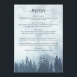 Pins de Montagne Rustique Menu Mariage bleu<br><div class="desc">Ce menu mariage rustique présente un titre de calligraphie en écriture dentée et une scène montagneuse alpine sauvage de pins bleus enveloppés de brume ou de brouillard. L'arrière a de l'espace pour les noms du couple et la date du mariage. Parfait pour une réception extérieure.</div>
