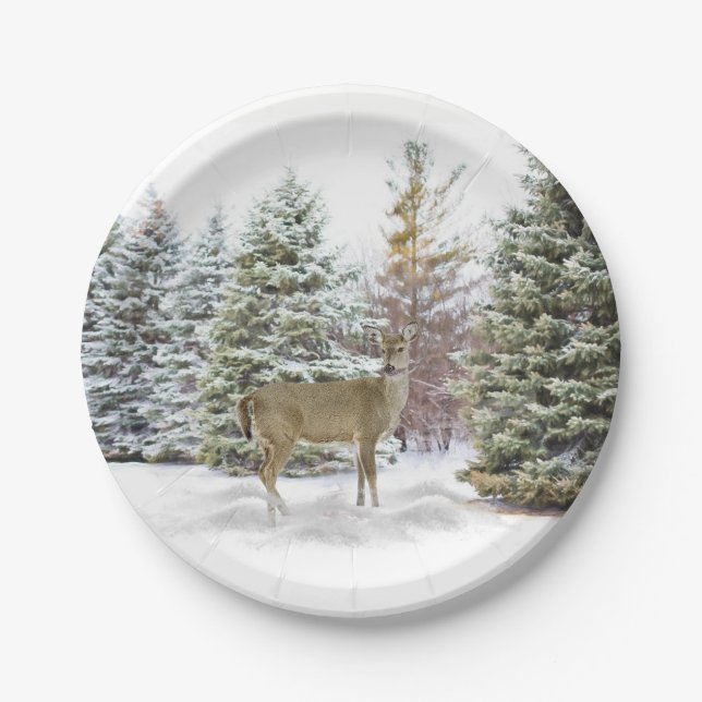 Pins enneigés avec assiette en papier de cerfs (Devant)