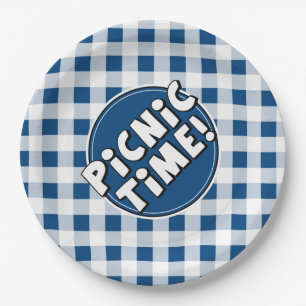 Pique-nique assiette en papier motif gingham bleu