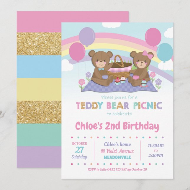 Pique-nique de l'ours Teddy Invitations Fille (Devant / Derrière)