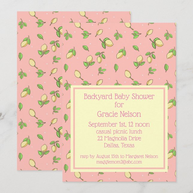 Pique-nique rose Baby shower Lemons Invitation (Devant / Derrière)