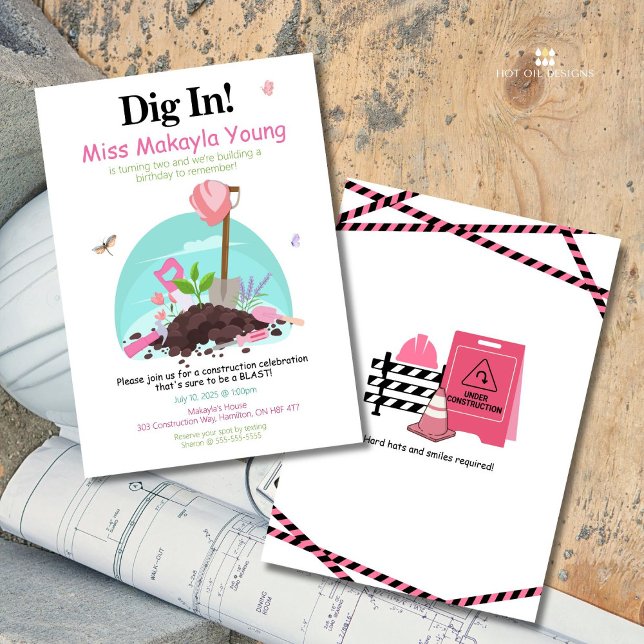 Piquer Dans La Construction Rose Invitation Annive (Gear up and dig in with this fun-filled construction-themed invitation.)
