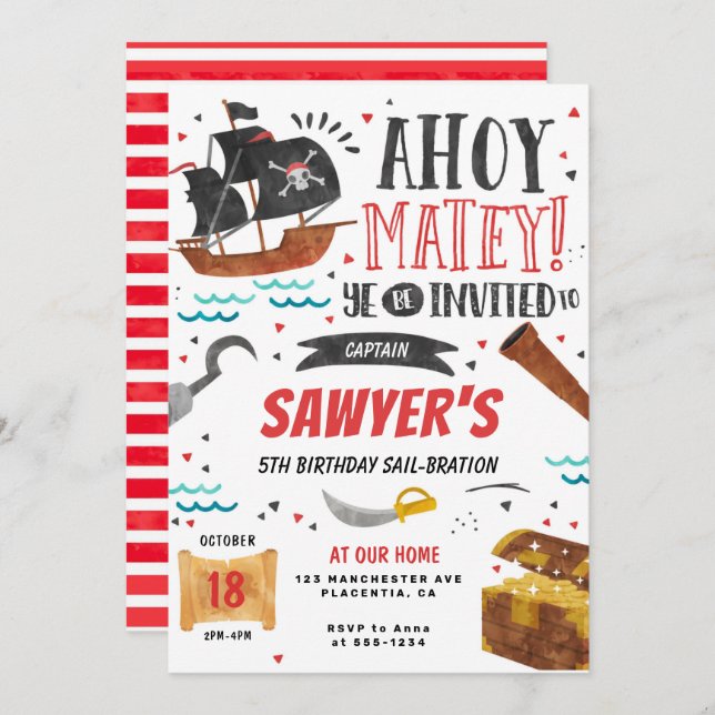 Pirate Anniversaire Fête Enfants Invitation (Devant / Derrière)