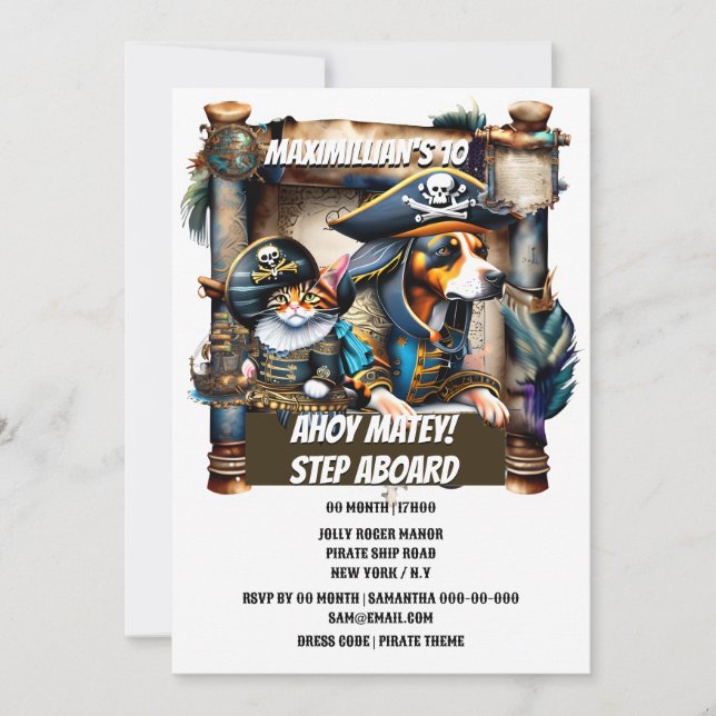 Pirate chien chat drôle carte trésor thème d'anniv (Devant)