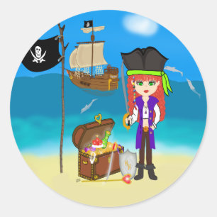Pirate fille avec Stickers coffre au trésor