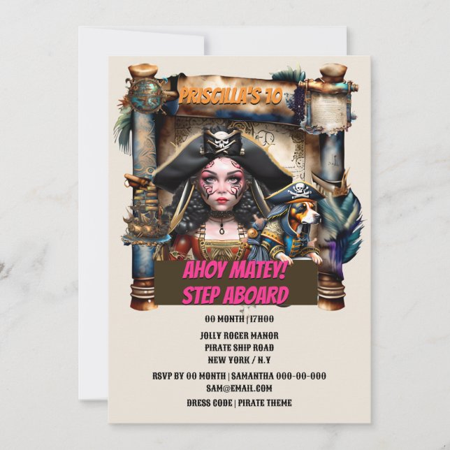 Pirate fille chien trésor carte d'anniversaire thè (Devant)