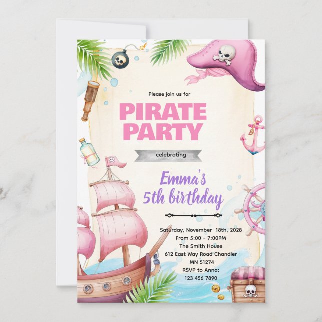 Pirate girl birthday theme invitation (Devant)