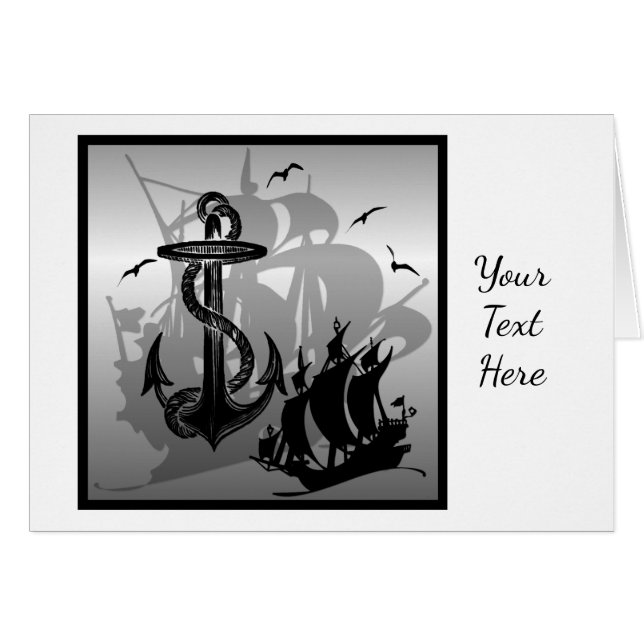 Pirate Ship & Ancres Black Silhouette Card 2 (Devant Horizontal)