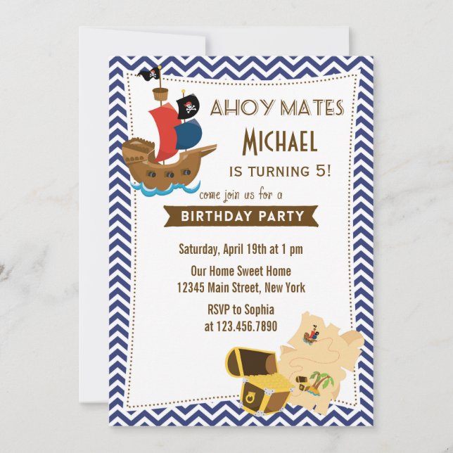 Pirate Ship Birthday Invitation Blue (Devant)