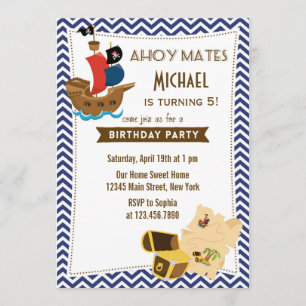 Pirate Ship Birthday Invitation Blue