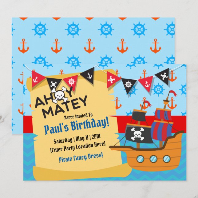 Pirate Thème Invitations Anniversaires (Devant / Derrière)
