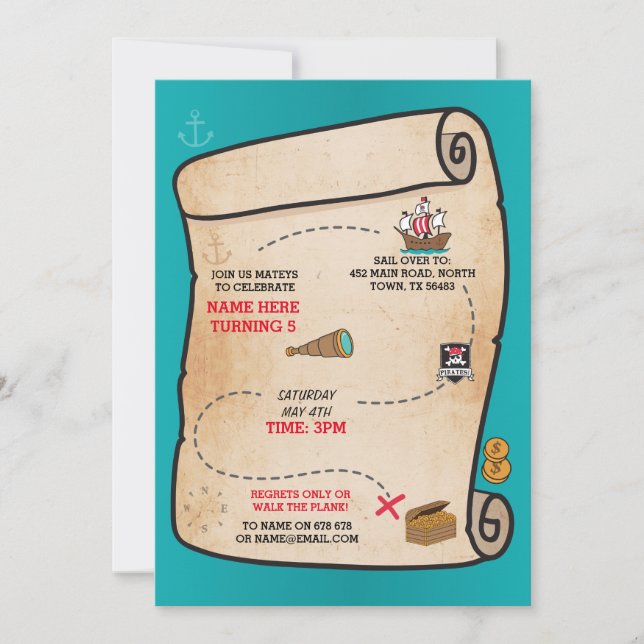 Pirate Treasure Map Anniversaire Navire Invitation (Devant)