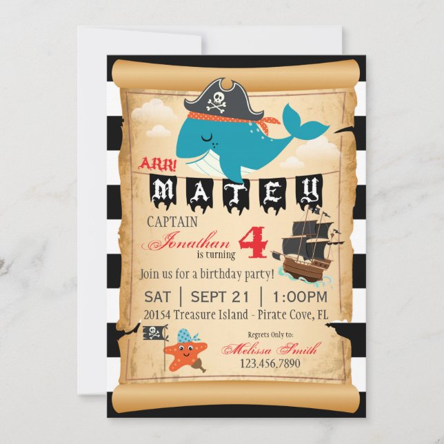 Pirate Whale et Starfish Invitations d'anniversair (Devant)