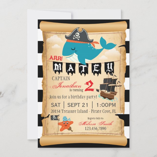 Pirate Whale et Starfish Invitations d'anniversair (Devant)