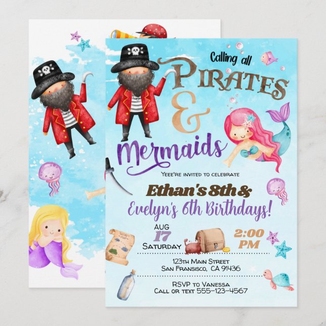 Pirates et sirènes Invitation d'anniversaire (Devant / Derrière)