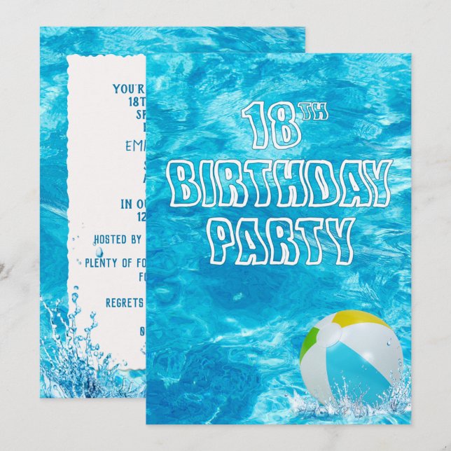 Piscine 18e anniversaire Invitation de fête (Devant / Derrière)