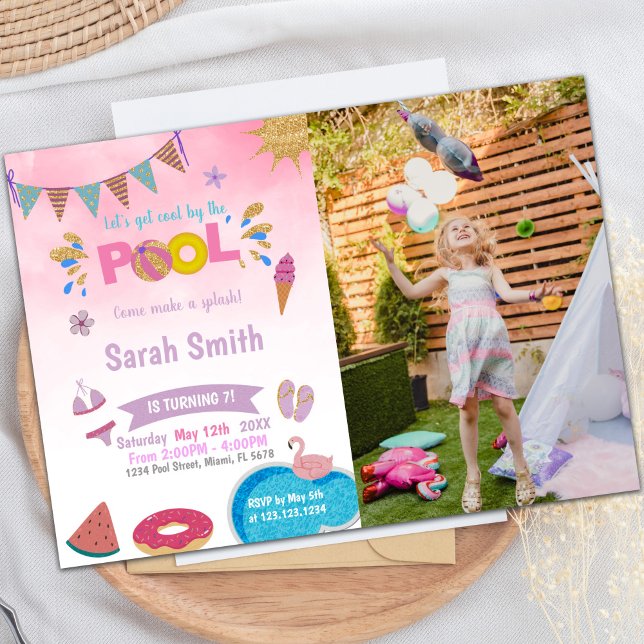Piscine à nuages roses Invitations d'anniversaire  (Pink Cloud Pool Birthday Invitations with photo)