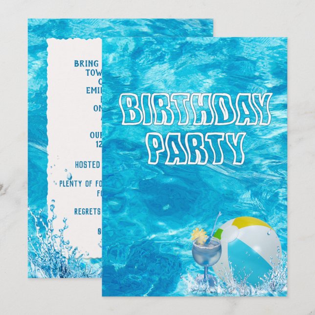 Piscine Anniversaire Invitation (Devant / Derrière)